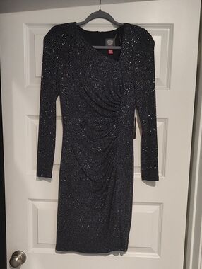 Vince Camuto Navy Blue Sparkle Long-Sleeve Ruched Dress
